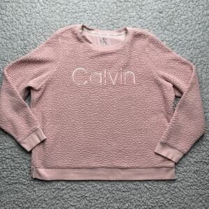 Calvin Klein Sweater Womens Large Pink Fleece Logo Spellout Long Sleeve